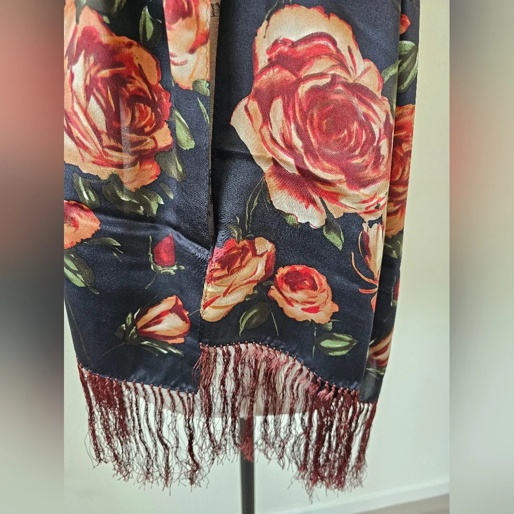 Vintage Echo 100% Silk Scarf Black & Crimson Cabbage Rose Long Knotted Fringe